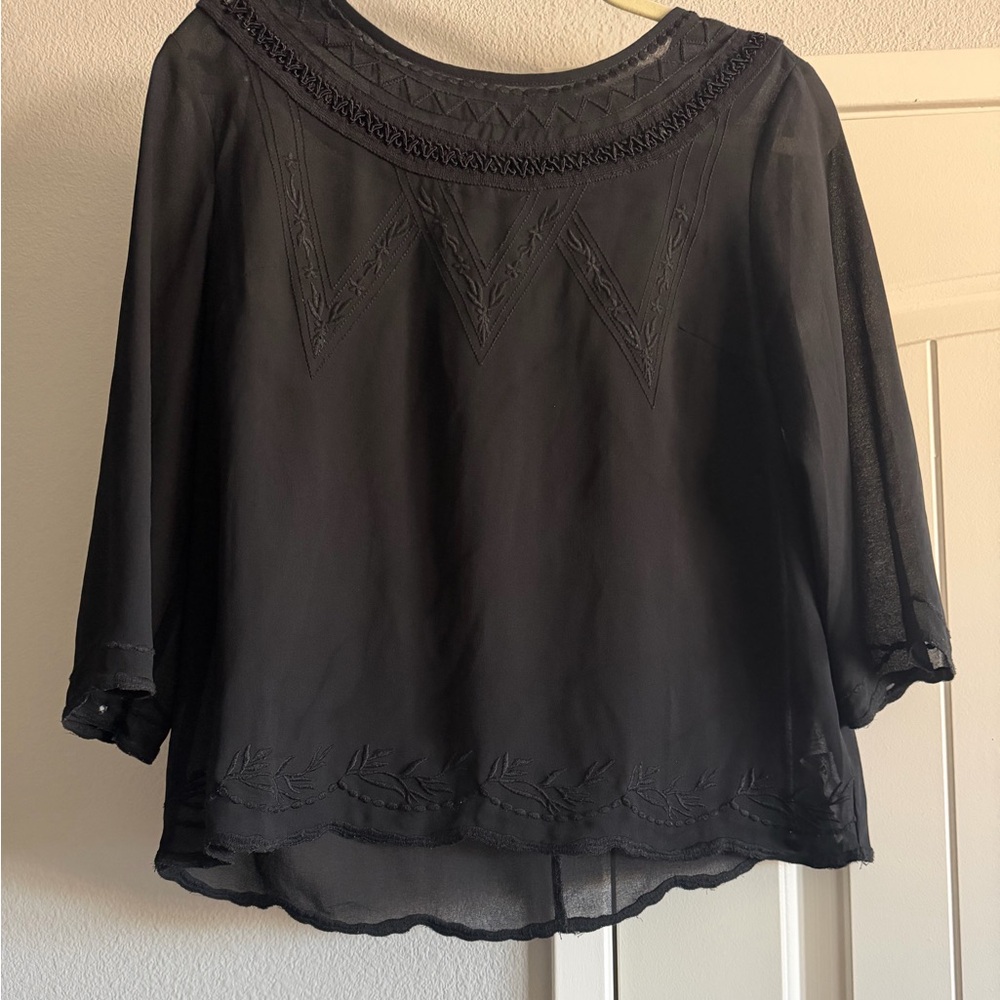 Forever 21 Black Embroidered Semi-Sheer Blouse